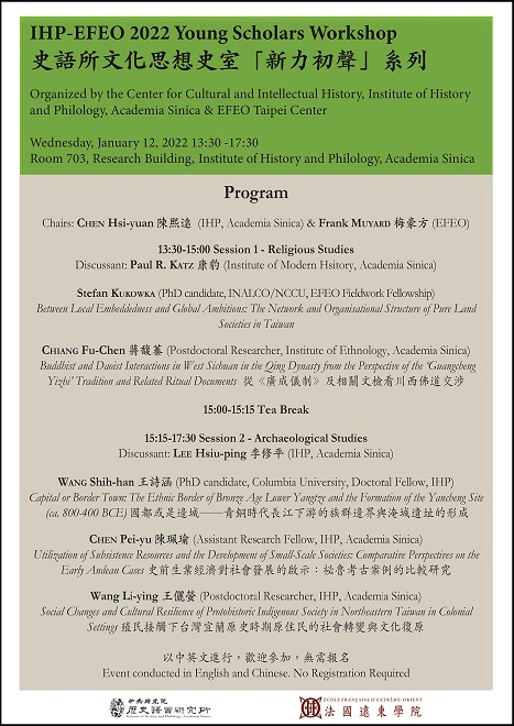 【工作坊】史語所文化思想史室「新力初聲」系列工作坊